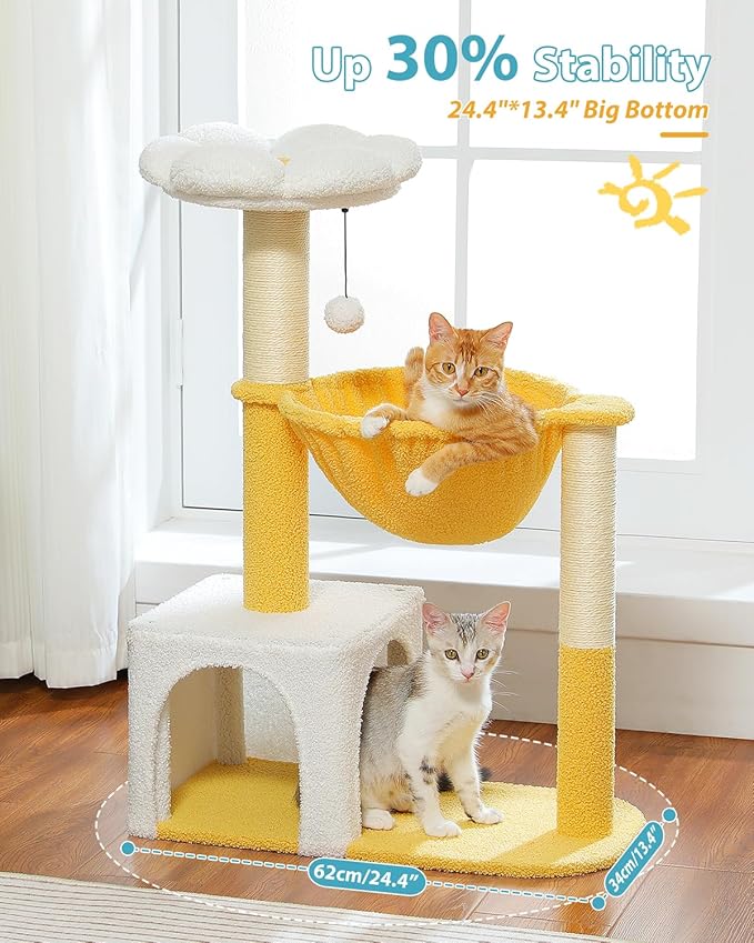 Cute Cat Tree with Flower Top Bed - Cloud Scratching Posts, 35" Small Cat Tower with Large Metal Frame Hammock for Indoor Cats, White Cat Condo for Kittens, Yellow