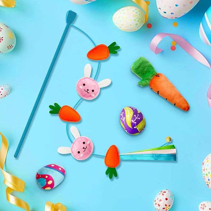 4 Pack Easter Cat Toys, Bunny Cat Wand Toy with Bell, Easter Egg Catnip Toys with Crinkle, Easter Gifts for Indoor Cats & Kitten & Kitty