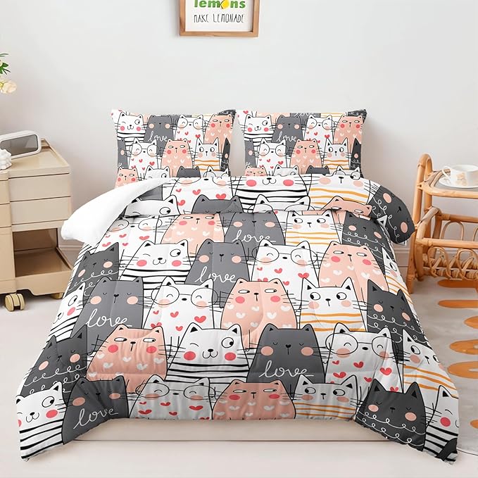 AILONEN Funny Cute Kitten Comforter Set - Twin Size, 3-Piece Hearts Cat Bedding with 2 Pillowcases, All Season