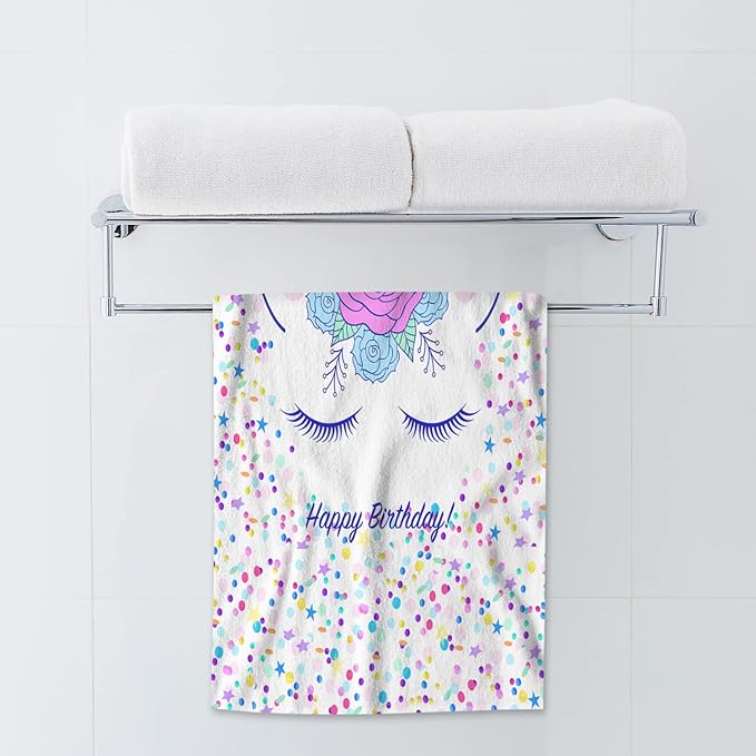 AOYEGO Animal Unicorn Hand Towel Floral Feather Happy Birthday Blessed Quote Hand Drawn Star Dots Towels Cotton Face Towel Bath Kitchen Decor Set for Women Men Girls Boys 15x30 Inch