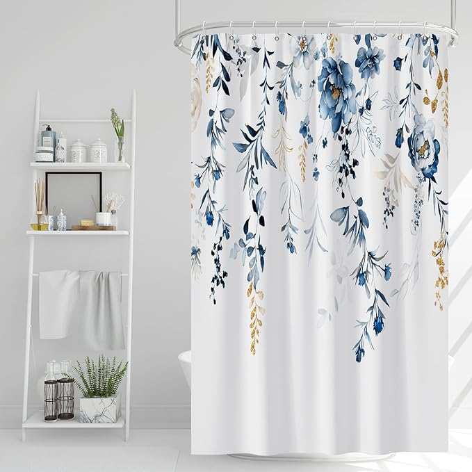AWERT Blue Plants Shower Curtain with Hooks Watercolor Leaves Shower Curtain for Bathroom Waterproof Bathroom Accessories Bathtub Decor 48x72inch