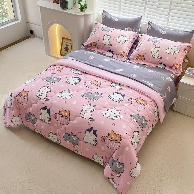 7 Piece Girls Cat Comforter Set Full Size Bed in A Bag Pink Cute Cartoon Pet Cats Bedding Set for Kids Boys Teens (1 Comforter, 1 Flat Sheet, 1 Fitted Sheet, 4 Pillow Sham) Gray