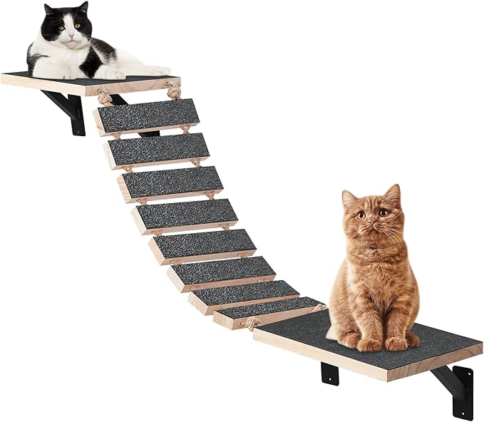 Handcrafted Wood Cat Wall Suspension Bridge - Wall Mounted Cat Shelves, Cat Floating Steps, Cat Wall Perch, Cat Climber Ladder Tree Shelf, Cat Wall Furniture Cat Hammock Bed