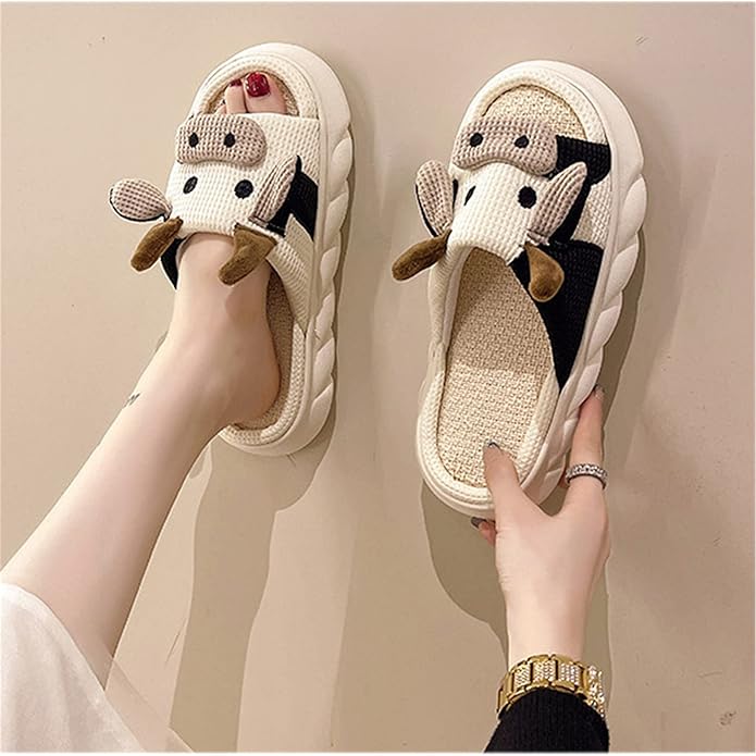 AZCHEN Women's Animal Cartoon Pig Slippers - Cute and Comfortable Linen Plush Slippers for Home