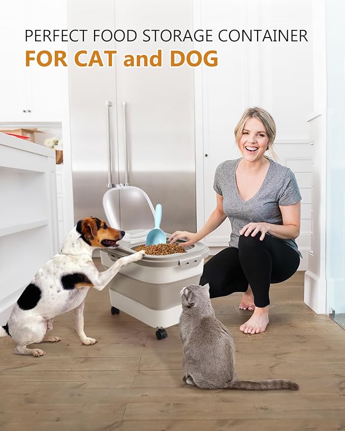 ANVS Dog Food Storage Container - Up to 20lbs Collapsible Dog Food Container with Casters, Scoop and 2.5L Small Pet Food Container to Keep Dry Pet Food Fresh (Khaki)