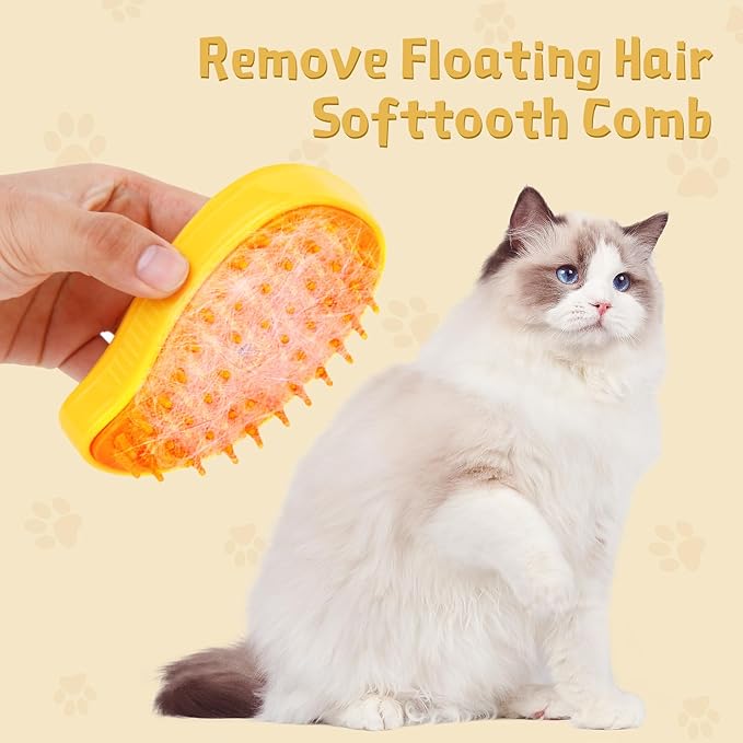 3 in 1 Steam Brush for Indoor Pets - Cat Hair Cleaning and Massage Brush Comb for Cats and Dogs (Yellow)