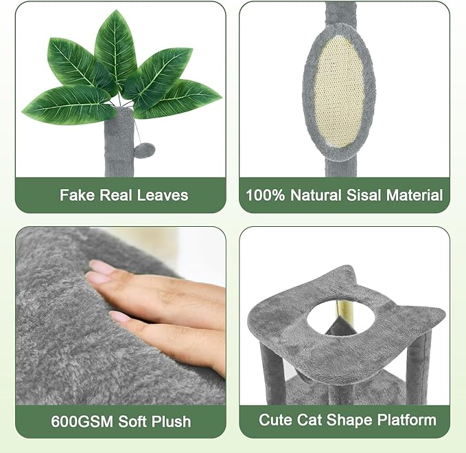 61" Large Cat Tree Tower for Indoor Cats with DIY Green Leaves Scratching Post Multi Soft Hang Ball Plush Cat House Furniture 360° Rotating Cat Scratch Board with Hammock, Grey
