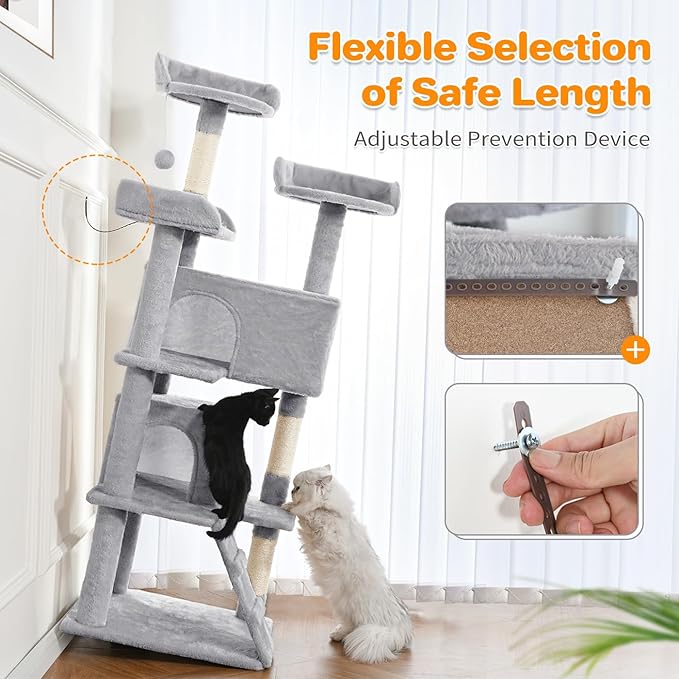 Made4Pets Cat Tree Tower 56in Cat Tower for Indoor Cats Kitten Tree Multi-Level Cat Tree with 2 Condo Furniture Activity Center with Scratching Posts Funny Toys Kittens Pet Play House, Light Grey