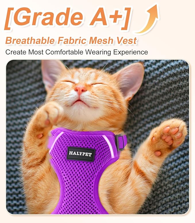 Halypet Cat Harness and Leash Set [ MAX Safety Third Generation ] Escape Proof Soft Adjustable Cat Leash Breathable Comfortable Vest Easy to Wear Kitten Harness for Outdoor Walking