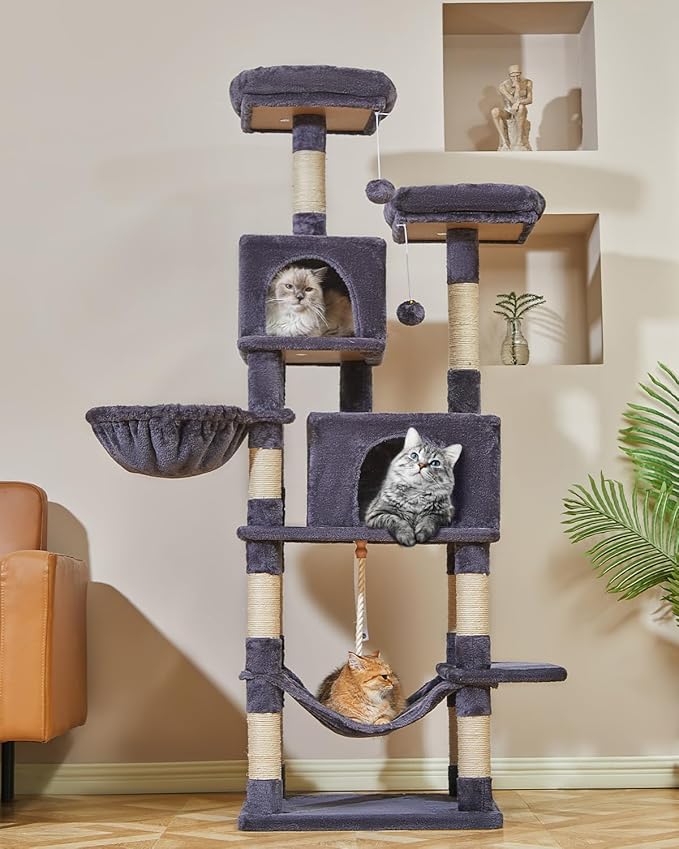 Taoqimiao Cat Tree, 66.2-Inch Cat Tower for Indoor Cats, Plush Multi-Level Cat Condo with 12 Scratching Posts, 2 Perches, 2 Caves, Hammock, 2 Pompoms, Smoky Gray MS013G