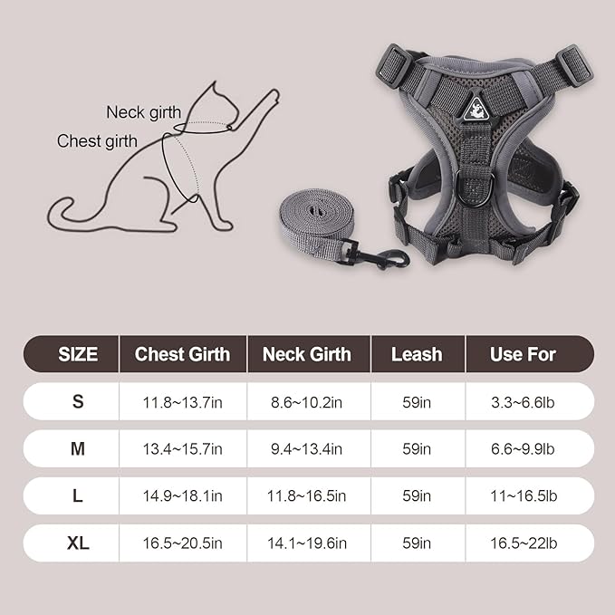 cat Chest Harness and Leash, Anti-Escape Adjustable Soft mesh cat Leash and Chest Harness Set for All Types of Cats cat Vests (Grey, 11.02-16.5lb)