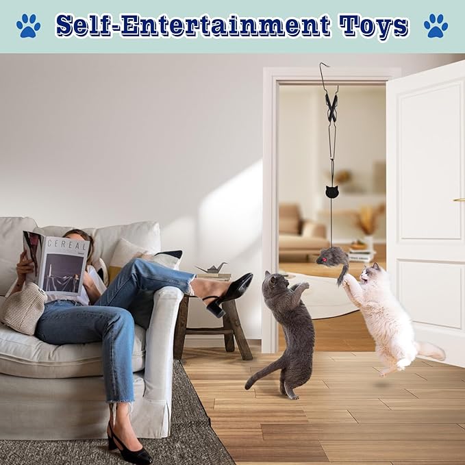 1 Pack Interactive Cat Feather Toys Doorway Cat Toys for Indoor Cat Interactive Door Hanging Cat Toys Retractable Teaser Toy Over the Door Cat Toys Mouse Hanging String Toys for Cats (Single)