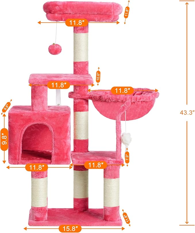 Heybly Cat Tree with Toy, Cat Tower condo for Indoor Cats, Cat House with Padded Plush Perch, Cozy Hammock and Sisal Scratching Posts, Flamingos HCT004SF