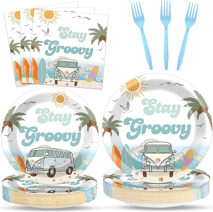 96PCS Summer Beach Party Party Supplies Tableware Set Surfing Hippie Groovy Birthday Party Disposable Dinnerware Plates Napkins Forks for Summer Beach Birthday Baby Shower Decorations for 24 Guests