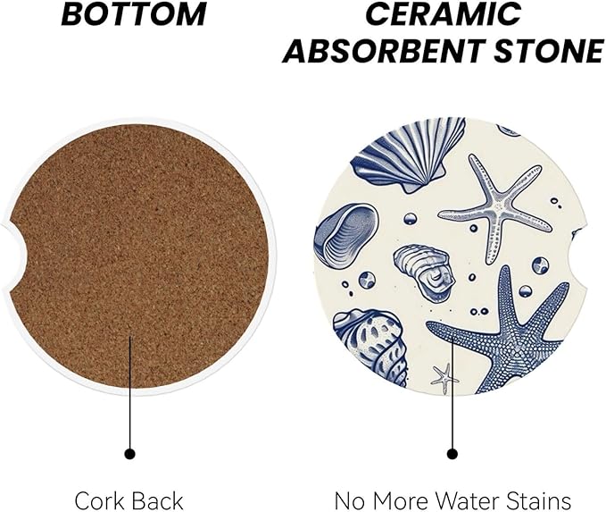 Absorbent Ceramic Car Coasters for Cup Holders, Blue Sea Starfish Shells Design 2.56" Anti Slip Universal Drink Cup Coasters for Women Men (2 Pack)