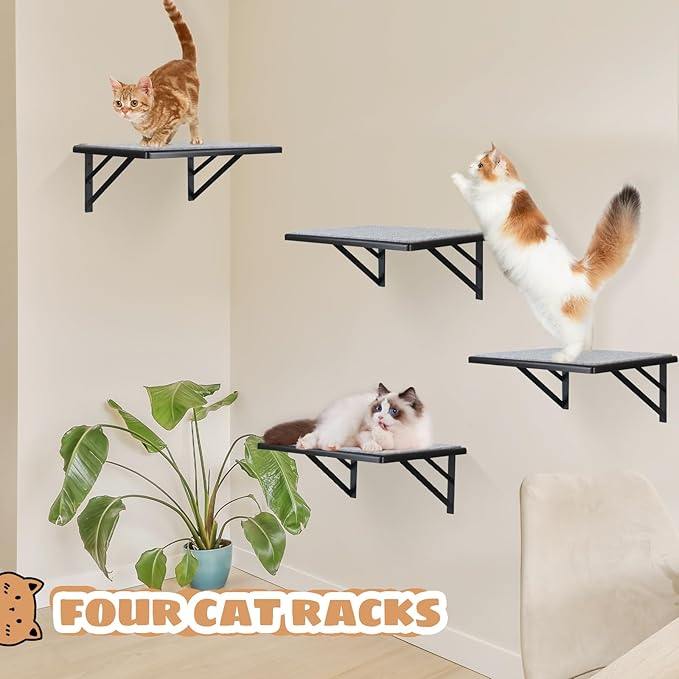 Cat Wall Shelves Set of 4, Wood Cat Shelves for Wall, Cat Wall Bed Hammock with Scratching Pad, Cat Climbing Shelf for Sleeping Playing, Cat Window Perch for Large Cats, Black Cat Furniture for Indoor