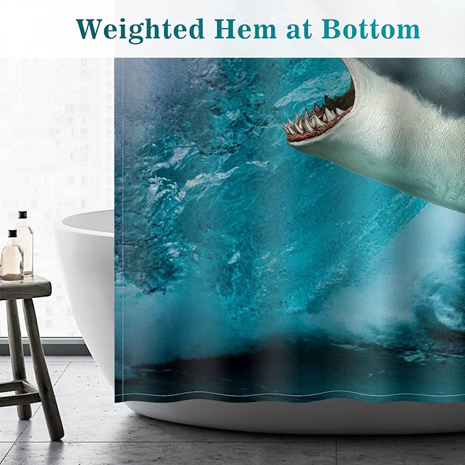 Aimego Extra Long Shower Curtain - Funny Cute Crazy Cat Riding Shark Ocean Fun Fabric Cloth Shower Curtain Set with 12 Hooks for Adults Bathroom Decor Accessories Bath Curtain, 72"x84", Blue Red