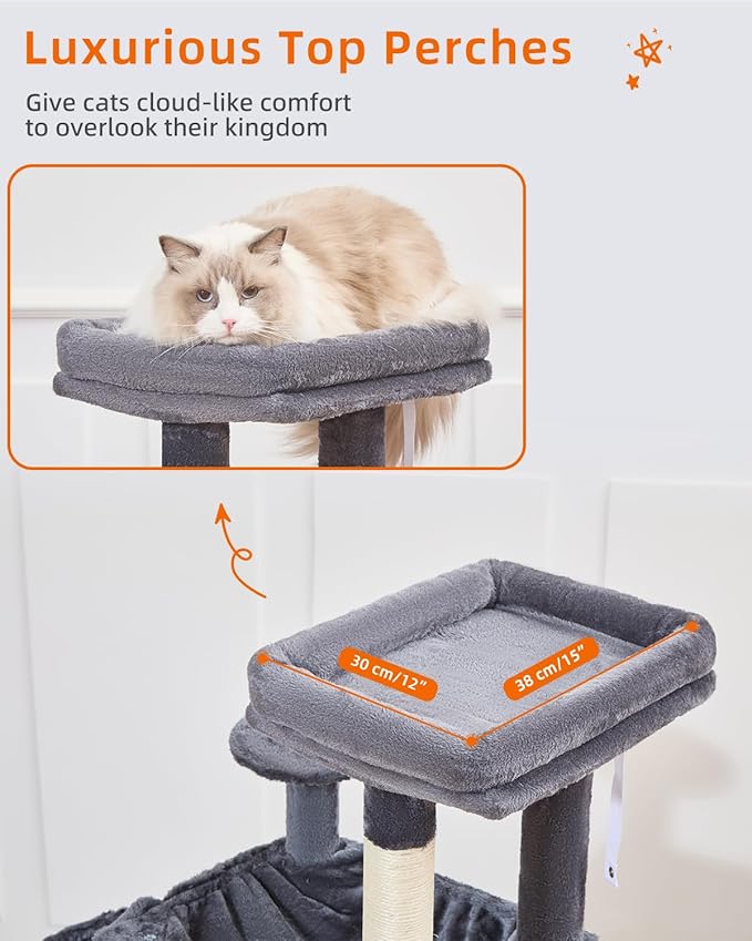 Taoqimiao Cat Tree, 51-Inch Cat Tower for Kittens, Cat Tree Tower with 5 Scratching Posts, Plush Cat Condo with Plush Perch, 2 Hammock, Pompoms, Smoky Gray MS019XL-G