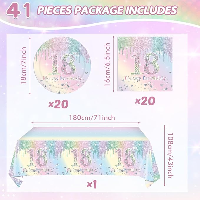 18th Birthday Party Decorations Tableware for Girls, Iridescent Macarons Diamond Happy 18th Birthday Supplies Includes 20 Plates 20 Napkins and 1 Tablecloth for Adult Boys Girls 18 Year Old Bday