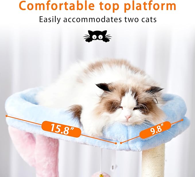 Heybly Cat Tree, 39.4 Inches Tower Condo with Scratching Post, Cat Tower for Indoor Cats, Fully Wrapped Sisal Pole, Soft Platform, 2 Baskets and Dangling Toy, Blue and Pink HCT006SBP