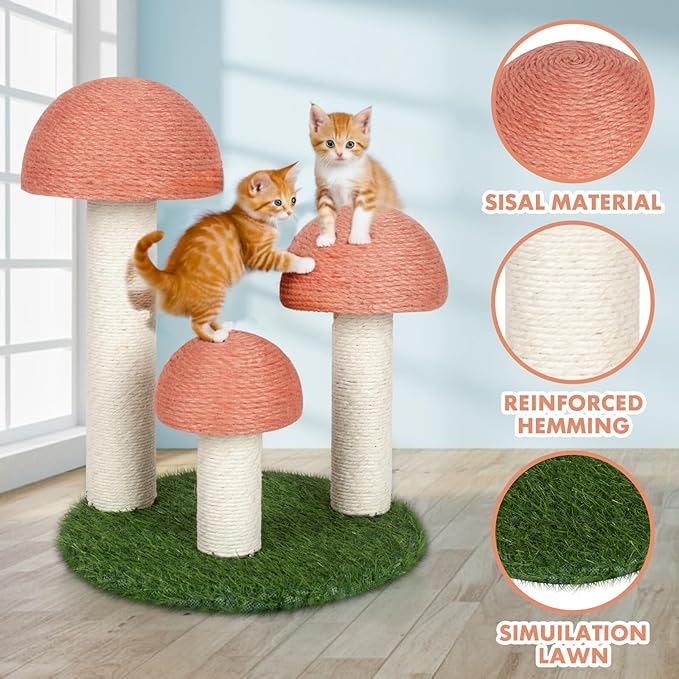 PowerKing Cat Scratching Post, Mushroom Claw Scratching Post for Cat, Natural Sisal Cat Scratchers with 3 Mushroom Pole, Cat Interactive Toys