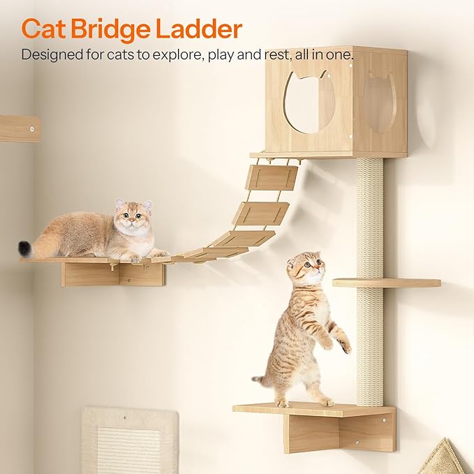 HOOBRO Wood Cat Wall Shelves, Set of 5 Cat Wall Furniture, Cat Corridor, Cat House, Cat Plush Hammock, Scratching Board and Cat Climbing Shelves, Sturdy, Durable and Safe, Natural NL45CS03