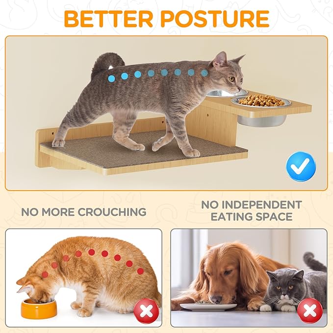 MeowHomm Cat Wall Shelves, Wood Cat Wall Furniture with 3 Cat Wall Steps, Cat Feeding Shelf with 2 Cat Food Bowls, Wooden Cat Bed Furniture Wall Mounted