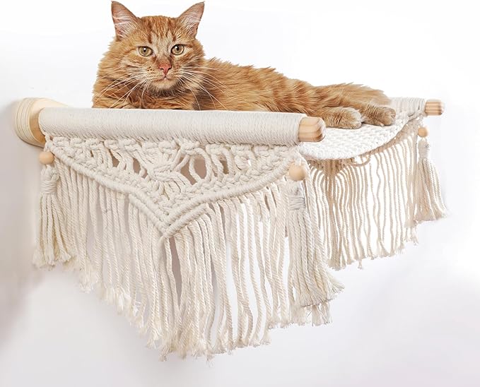 Cat Wall Shelves & Hammock - Comfy Cat Beds with Window Perch for Indoor Fun, Durable Wood & Macrame Cotton Ropes (21.6 * 11.8 Inches) for Sleeping & Climbing