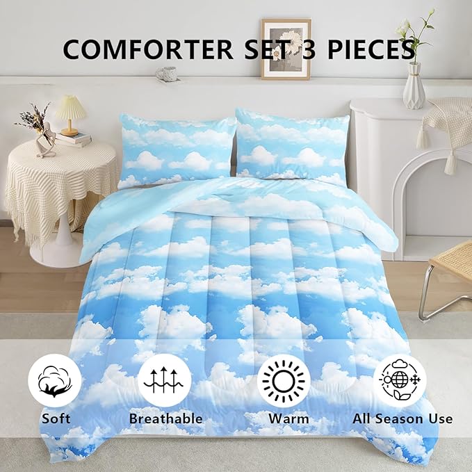 Axolotl Blue Cloud Comforter Set Twin - Sky Blue Bedding Set with Clouds Design - 1 Quilt, 2 Pillowcases