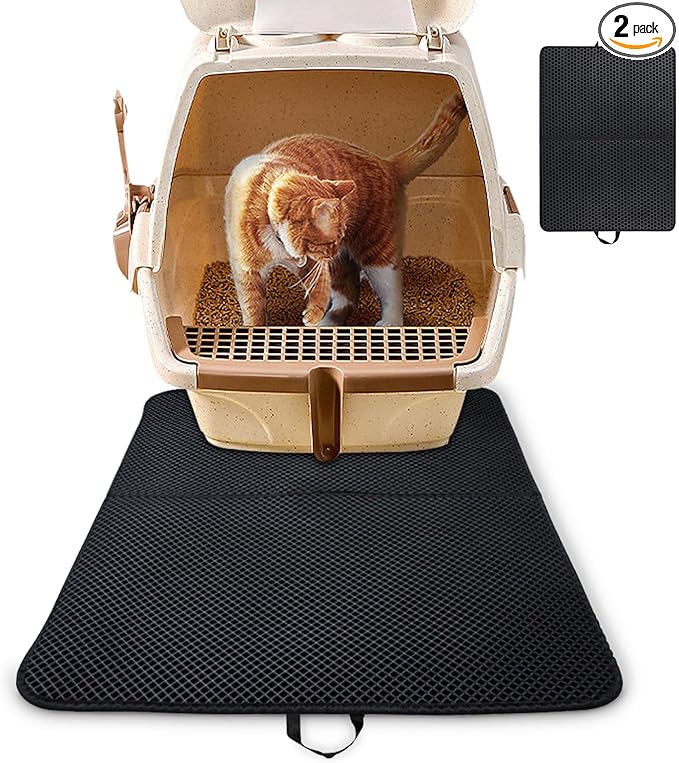 2 Pack Double Layer Cat Litter Mat with Handle, Fodable Kitty Trapping Litter Box Mat, Honeycomb Cat Mats for Litter Floor, Non-Slip Pet Cat Litter Trap Mat Rug Catcher (24" x 15")