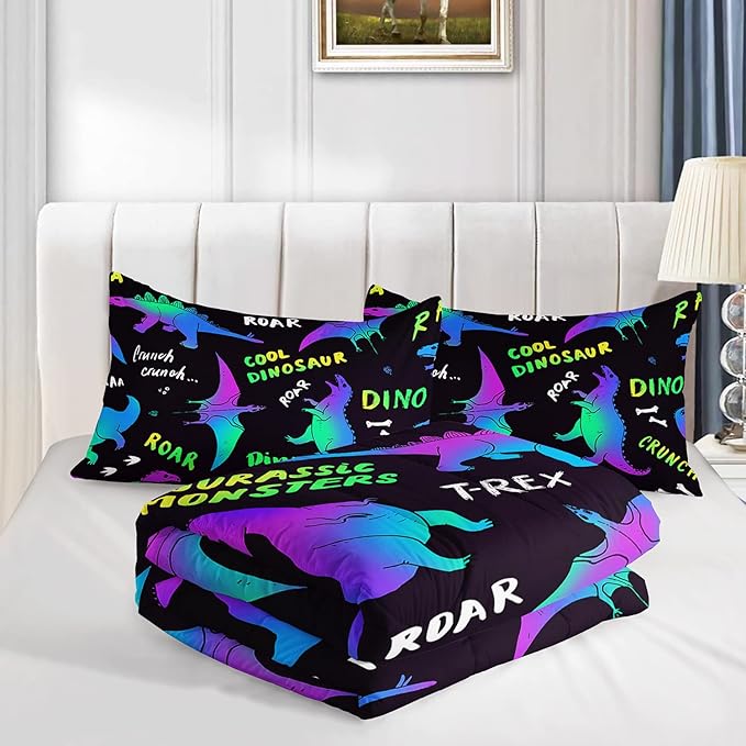 Axolotl Cartoon Dinosaur Bedding Set,Twin Size Kids Bed Set,Gradient Dinosaur Comforter Set,1 Quilt with 2 Pillowcases for Boys Girls Kids Teens Children Adults Room Decor All Season,Black