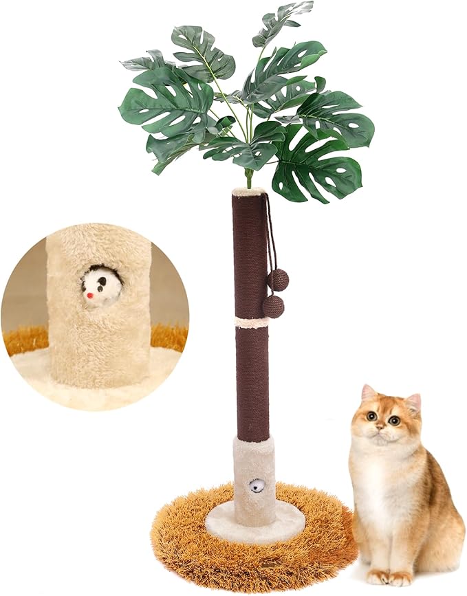 Cat Scratching Posts Cat Trees 35.43" Tall with Sisal Rope Cat Toy and Hanging Ball for Indoor,Wooden Palm Tree Cat Scratch Pole for All Cat (Brown)
