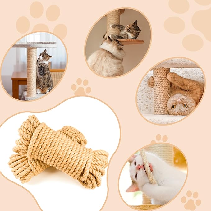 Cat Scratcher Replacement Rope - KDAOQN 1/4 inch Natural Hemp Rope, Rope for Cat Scratching Post, Cat Tower Repair Rope Cat Tree Rope Replacement, Odorless Jute Twine Rope (66FT)