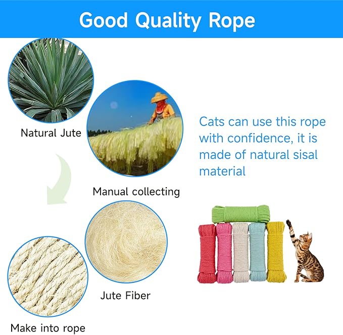 Multicolor Natural Cat Scratch Post Replacement Rope, Repair and Replace Scratching Post, 1/4" Rope Cat Scratch Post DIY Jute Twine with a Play Ball,for Scratching Post Tree Replacement. (Blue, 65FT)