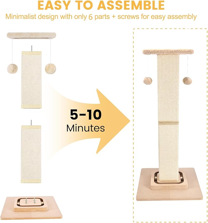 Cat Scratching Post,33 Inches Heavy Duty and Thicker Cat Scratching Posts for Indoor Cats Adults,Tall Cat Scratching Post with Interactive Toys and Hanging Ball, Protect Your Furniture, Beige