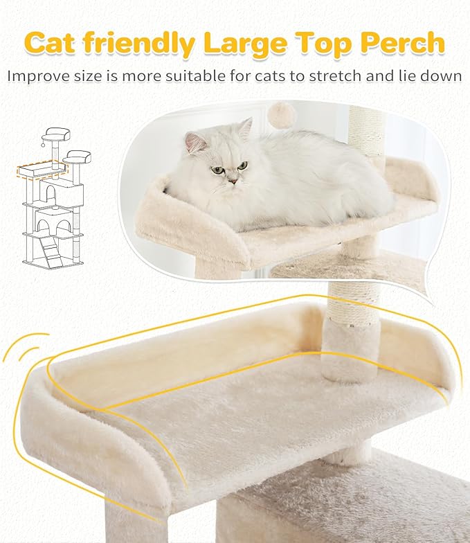 Made4Pets Cat Tree Tower 56in Cat Tower for Indoor Cats Kitten Tree Multi-Level Cat Tree with 2 Condo Furniture Activity Center with Scratching Posts Funny Toys Kittens Pet Play House, Beige