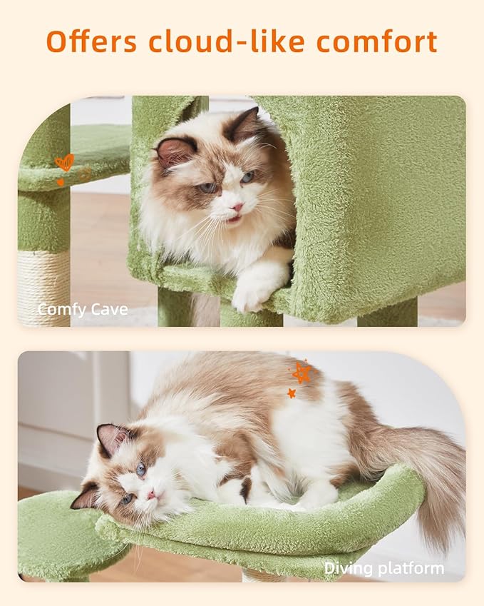Taoqimiao Cat Tree, 39.4-Inch Cat Tower for Indoor Cats,Suitable for Kittens,Plush Cat Condo with 5 Scratching Posts, Plush Perch,2 Hammock,Pompoms, MS019GR Green