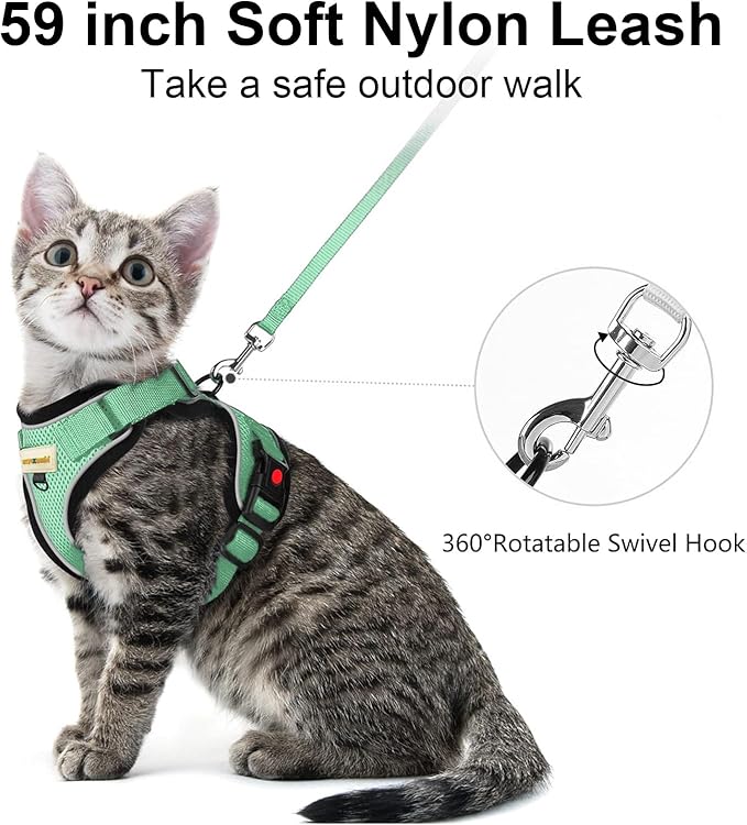 Cat Harness and Leash for Walking, Retractable Cat Harnesses and Leash Set Escape Proof, Breathable Soft Kitten Harness Small Large Cat Harness for Travel Training and Walking, Green, M
