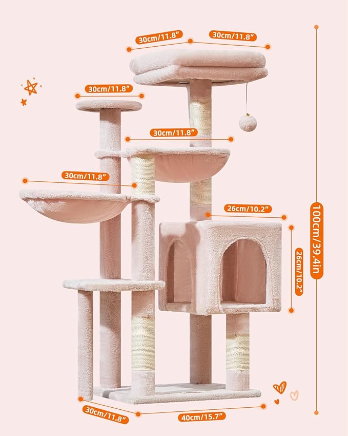 Taoqimiao Cat Tree, 39.4-Inch Cat Tower for Indoor Cats,Suitable for Kittens,Plush Cat Condo with 5 Scratching Posts, Plush Perch,2 Hammock,Pompoms, MS019P Jelly Pink