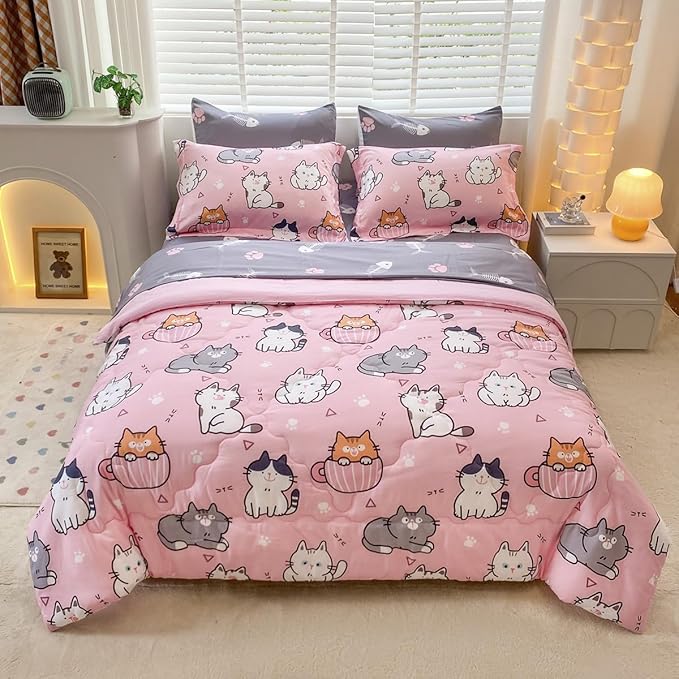 7 Piece Girls Cat Comforter Set Full Size Bed in A Bag Pink Cute Cartoon Pet Cats Bedding Set for Kids Boys Teens (1 Comforter, 1 Flat Sheet, 1 Fitted Sheet, 4 Pillow Sham) Gray