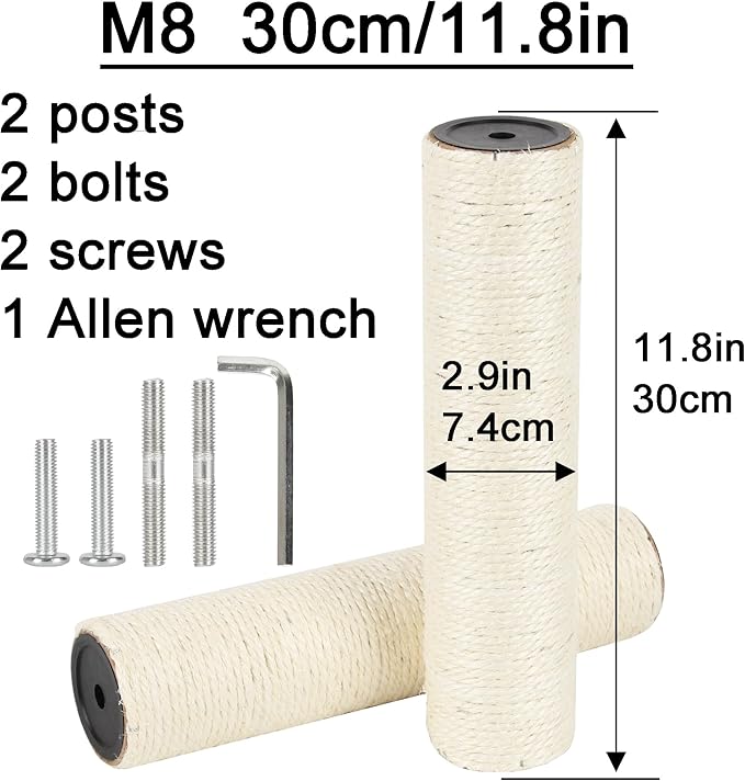 2.9in 7.4cm Diameter Cat Tree Replacement Post Parts Sisal Scratching Pole (M8, 30cm/11.8in)
