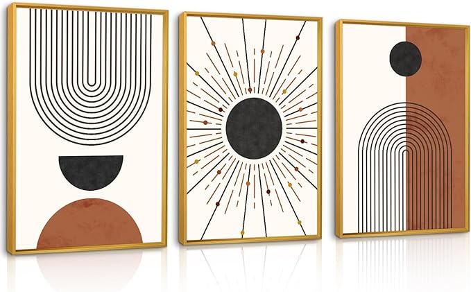 Ausril Minimalist Boho Framed Canvas Wall Art Set, Neutral Geometric Line Sun Wall Decor, Mid Century Wall Painting, Abstract Modern Bohemian Art Print for Living Room, Bedroom, Office -16"x24"x3