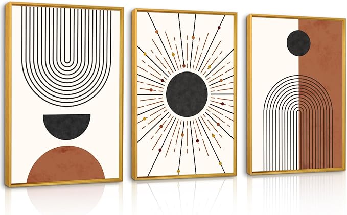 Ausril Minimalist Boho Framed Canvas Wall Art Set, Neutral Geometric Line Sun Wall Decor, Mid Century Wall Painting, Abstract Modern Bohemian Art Print for Living Room, Bedroom, Office -24"x36"x3