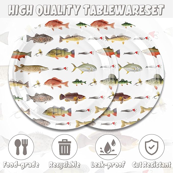 48Pcs Fishing Birthday Party Decorations for Men Women Fishing Party Decorations with Birthday Sign Baby Shower Forks Plates and Napkins Set SuppliesServe 16