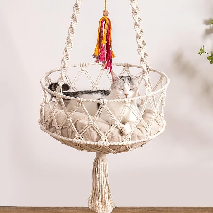 MEWOOFUN Hanging Macrame Cat Hammock Bed, Cat Swing Bed Space Saving Window Perch with Washed Cotton Mat & Funny Cat Toy for Indoor Cats