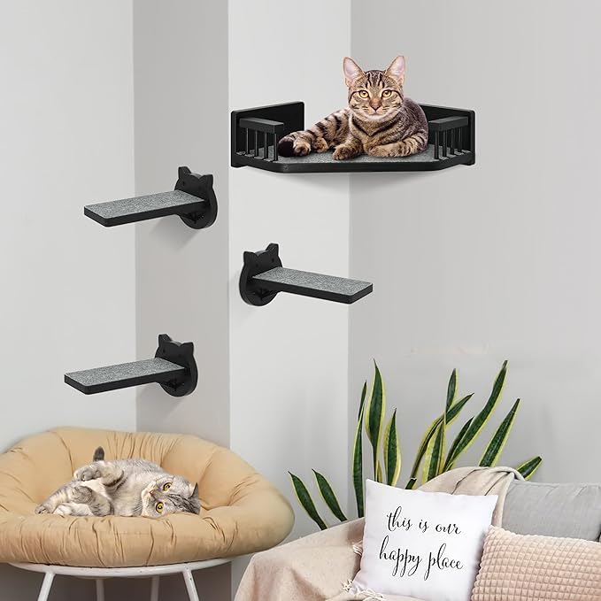 Cat Wall Shelves, Corner Cat Shelves and Perches for Wall, Cat Wall Furniture Cat Shelf with 3 Steps, Wall Mounted Cat Hammock Cat Bed with Plush Covered, Wood Cat Climbing Shelf for Indoor