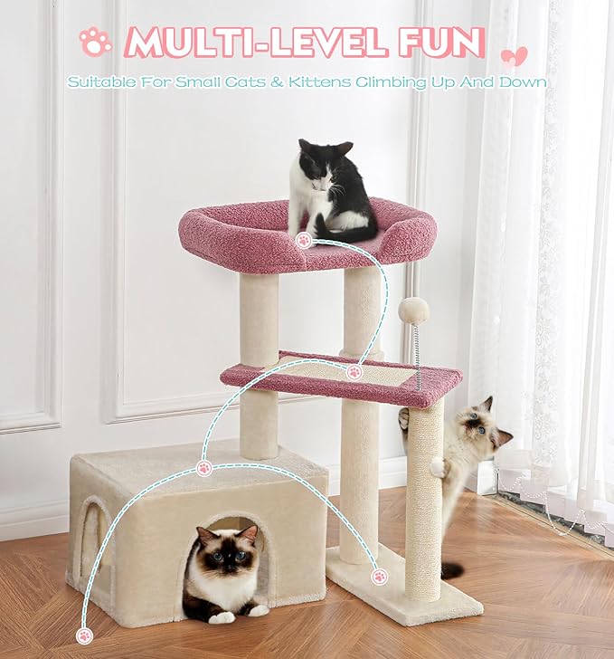 Made4Pets Pink Cat Tree, Carpet Cat Tower Grey for Indoors Cats, Cute Wood Kitty Condo with Scratching Post and Pad, 29" Multi-Level Modern Activity Climbing Furniture for Small and Medium Cats