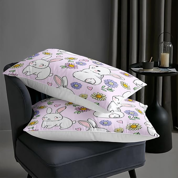 AILONEN Rabbit Comforter Set Full Size, Cute Bunny Bedding Set,Girls Kids Kawaii Comforter Set,Colorful Daisy Floral Duvet Set 3 Pieces, 1 Quilt and 2 Pillowcases