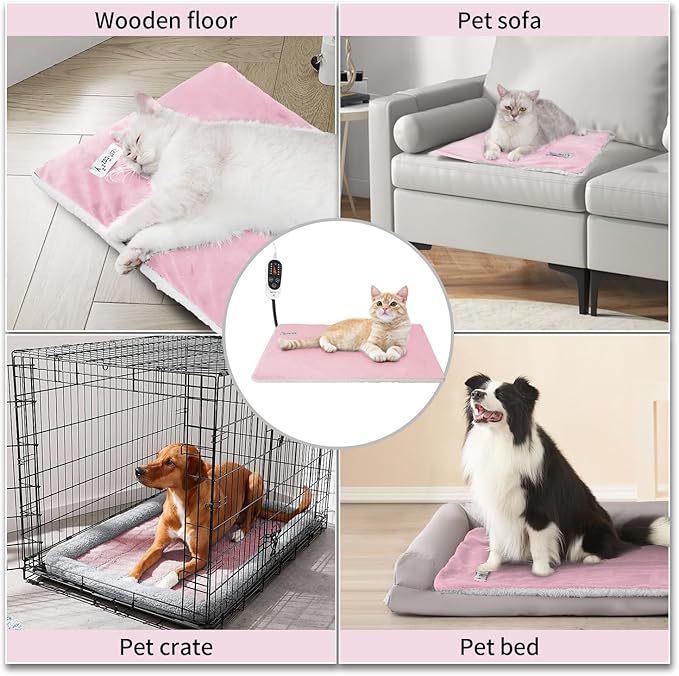 Rest-Eazzzy Cat Heating Pad, Cat Bed with Removable Cover Heated Cat Bed 5 Level Timer and 5 Level Temperature, Cat Beds for Indoor Warming Mat for Cat Dog (Heat pad, Pure-Pink)