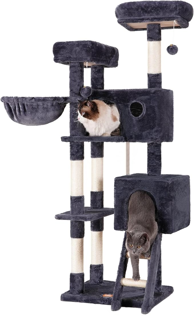 Heybly Cat Tree, Cat Tower for Indoor Cats,Multi-Level Cat Furniture Condo for Large Cats with 2 Padded Plush Perch, Cozy Basket and Scratching Posts HCT023G